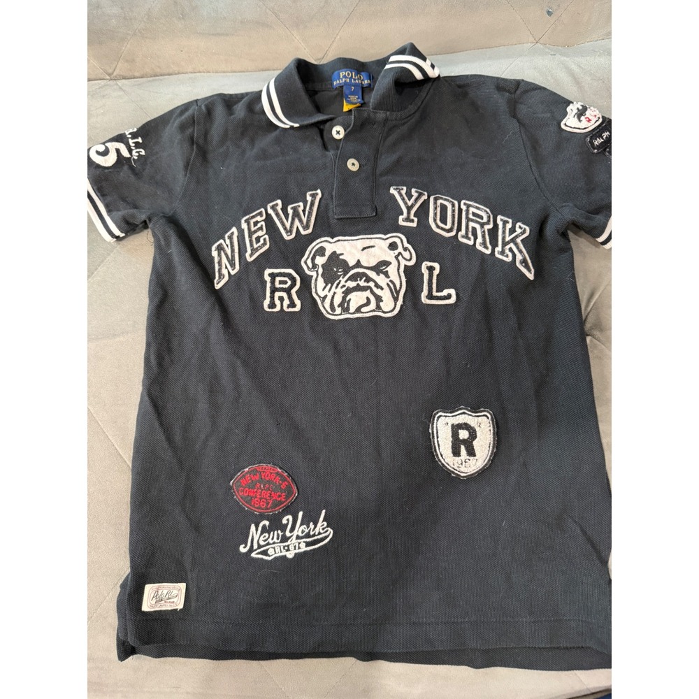 Polo Ralph Lauren Boys Black Varsity Bulldog Patch Polo Shirt Size 7 New York 67